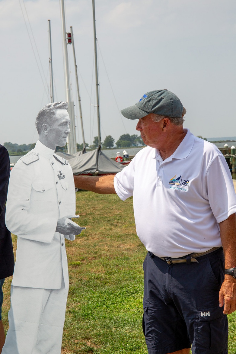 Race official with the Admiral Byrd cutout at Cambridge Yacht Club