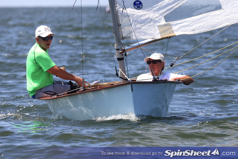 Two sailors racing a light blue Penguin